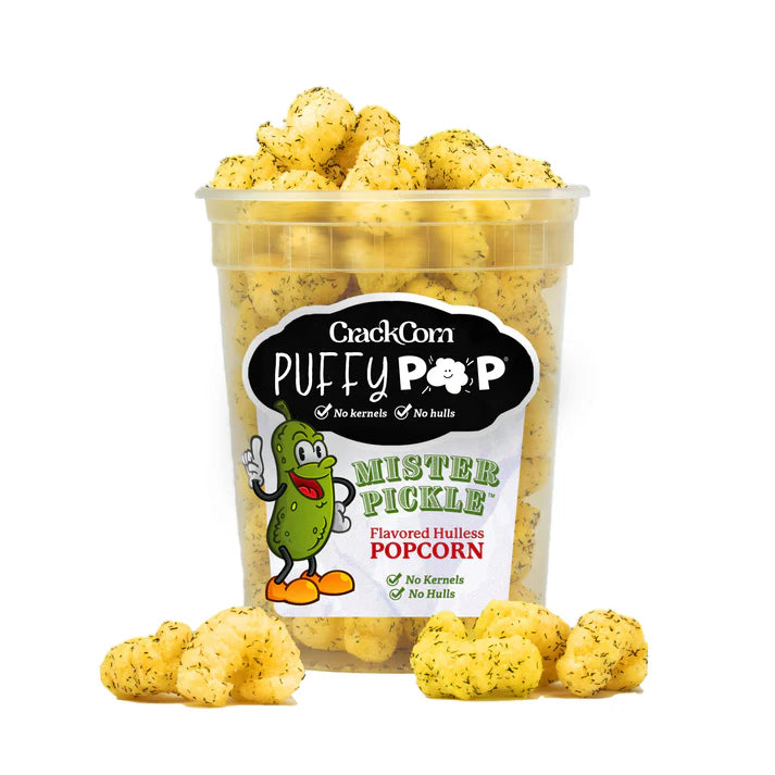 Crack Corn Puffy Pop 3oz Tub Mister Pickle — b.a. Sweetie Candy Store